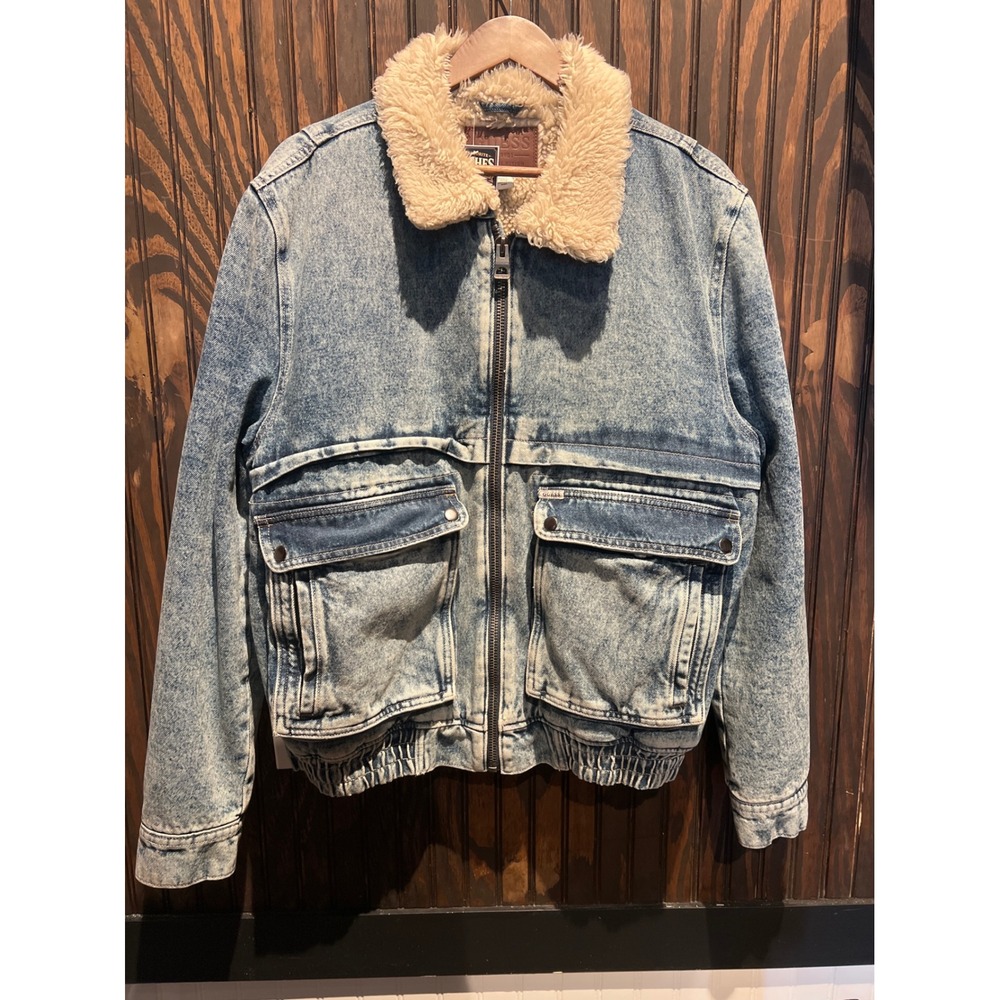 Guess Mens Acid Wash Denim Bomber Jacket Faux Shearling Lined Blue L Y85MFSXWQ00